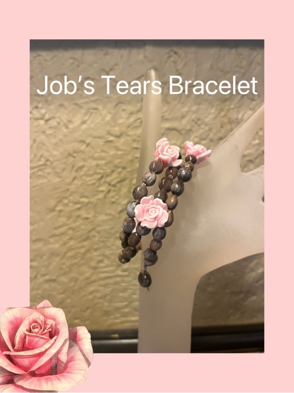 Job's Tears Beaded Bracelet with Pink Rose Accents NWOT